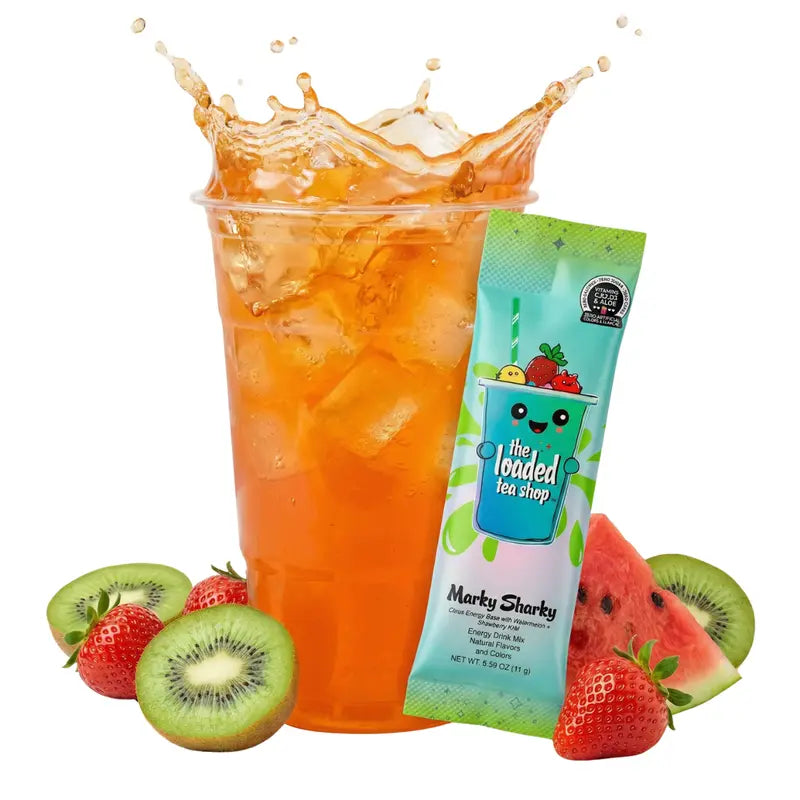 Nutrition facts label and ingredients list for a The Loaded Tea Shop Functional Energy Tea Packs (Marky Sharky)