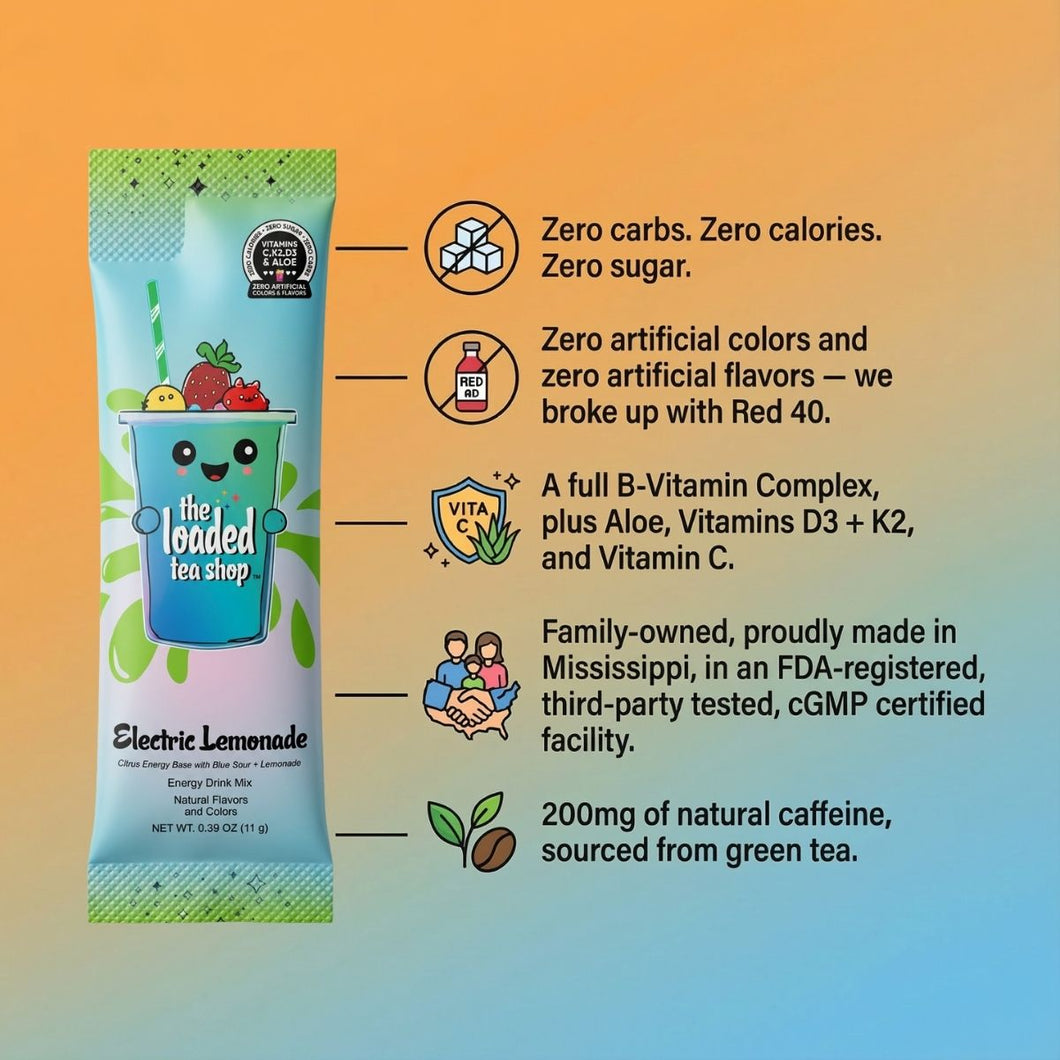 The Loaded Tea Shop Functional Energy Tea Packs drink mix with zero sugar and zero calories