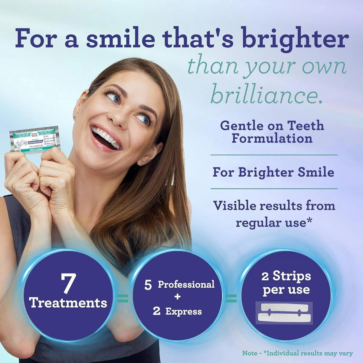 woman using teeth GuruNanda whitening strips brighter smile results