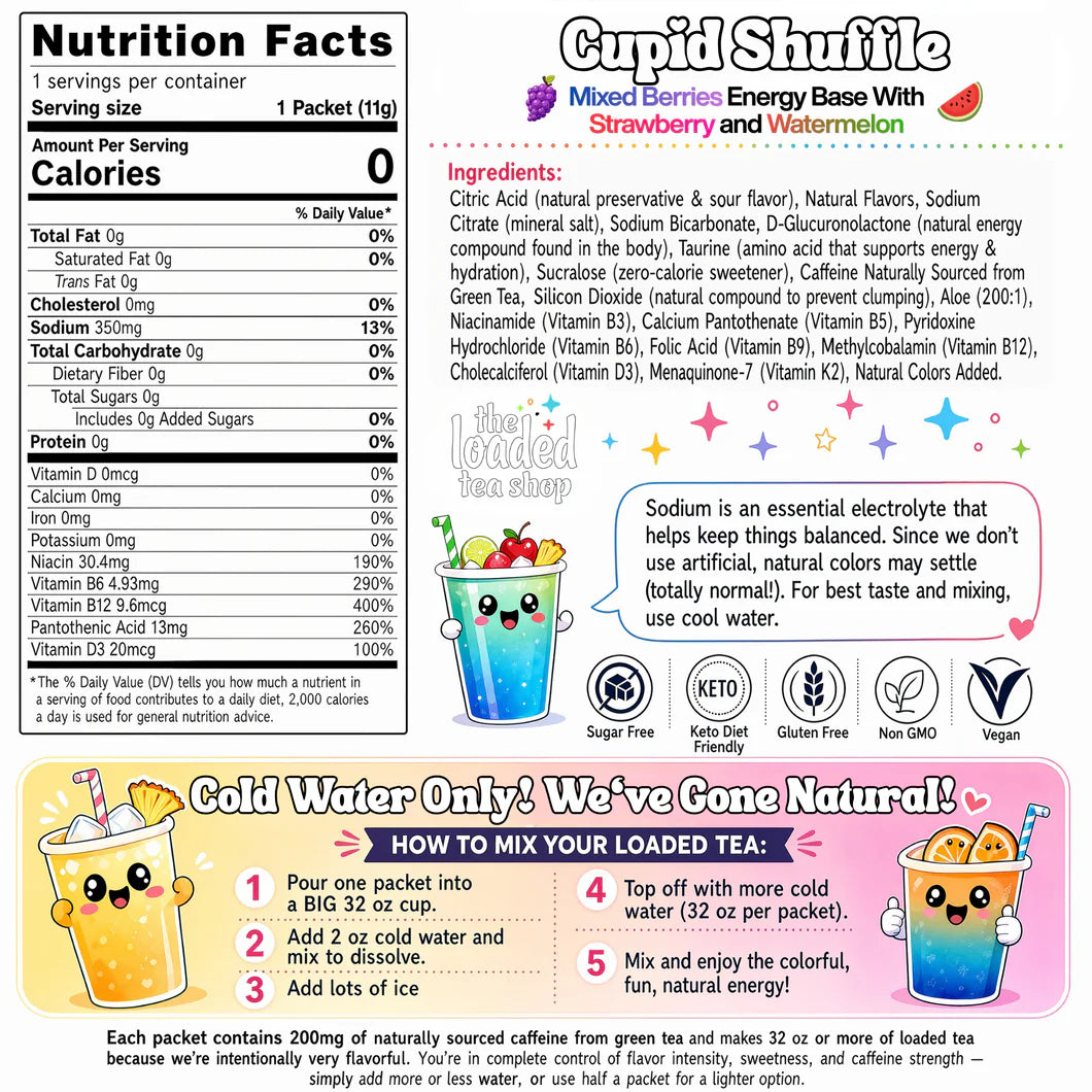 Nutrition facts label and ingredients list for a The Loaded Tea Shop Functional Energy Tea Packs (Cupid Shuffle)