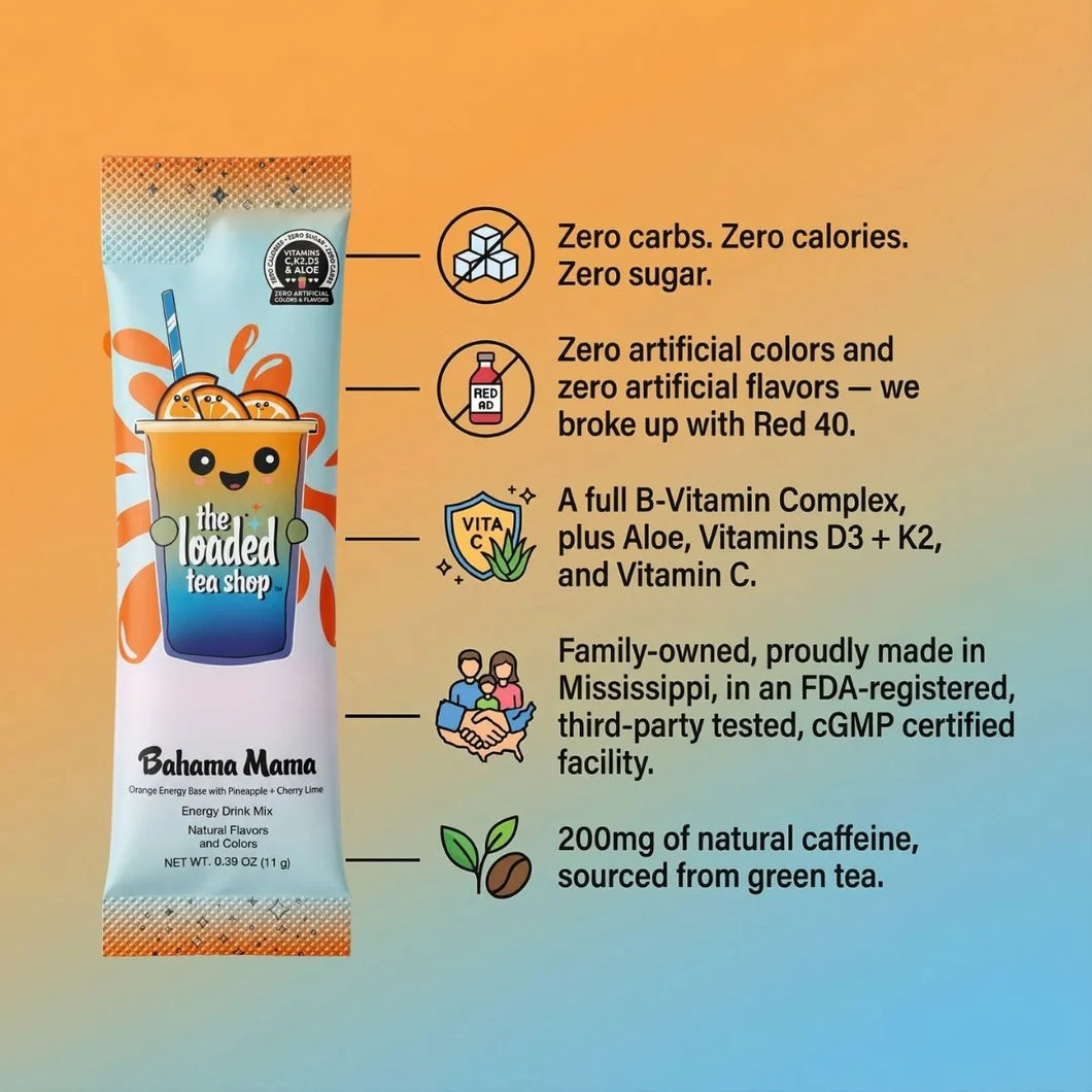 The Loaded Tea Shop Functional Energy Tea Packs Bahama Mama drink mix with zero sugar and zero calories
