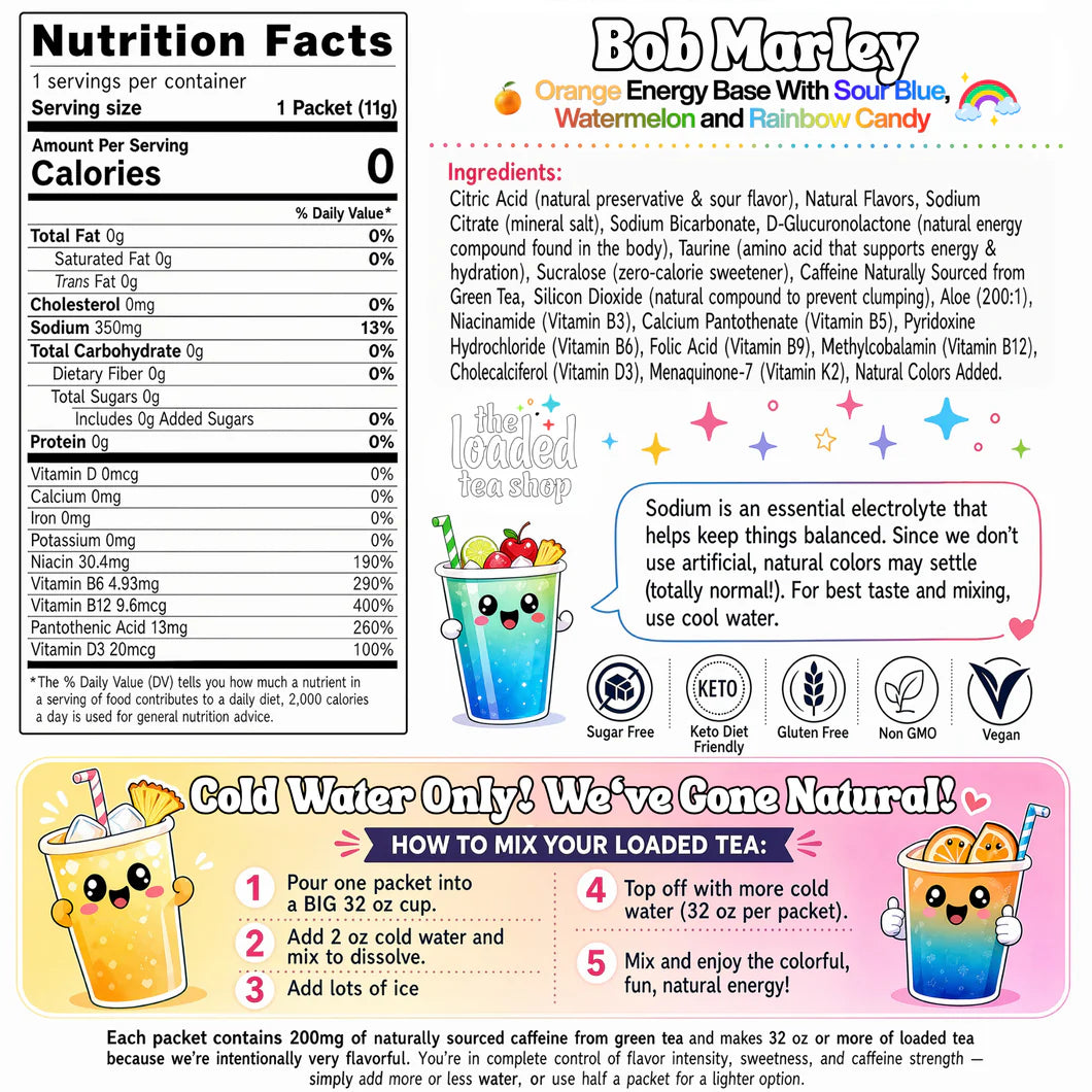 Nutrition facts label and ingredients list for a The Loaded Tea Shop Functional Energy Tea Packs (Bob Marley)