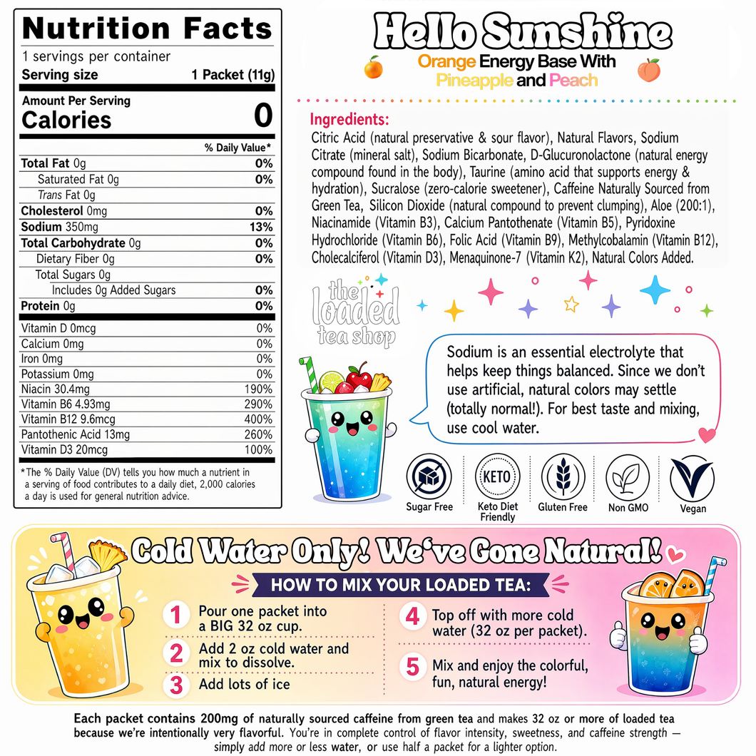 Nutrition facts label and ingredients list for The Loaded Tea Shop Functional Energy Tea Packs Hello Sunshine
