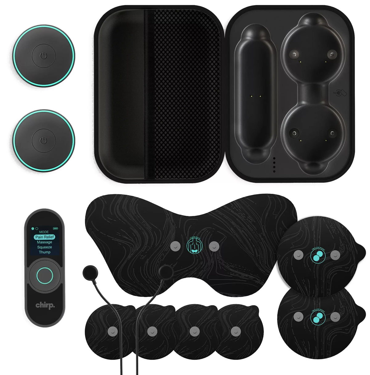 Chirp Halo Wireless Muscle Stim kit with charging case, remote, pads, and accessories
