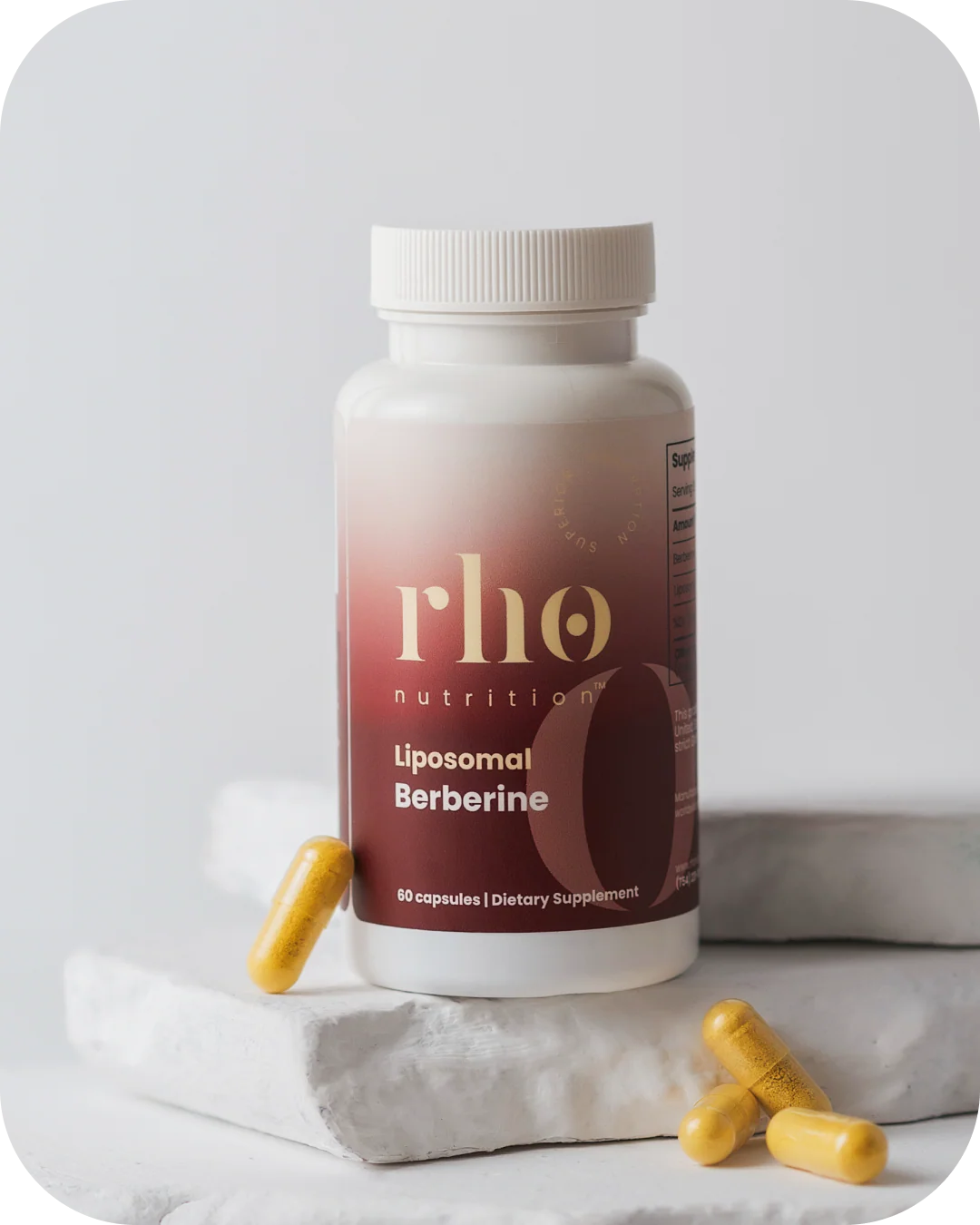 Rho Nutrition Liposomal Berberine bottle with capsules on a clean wellness background