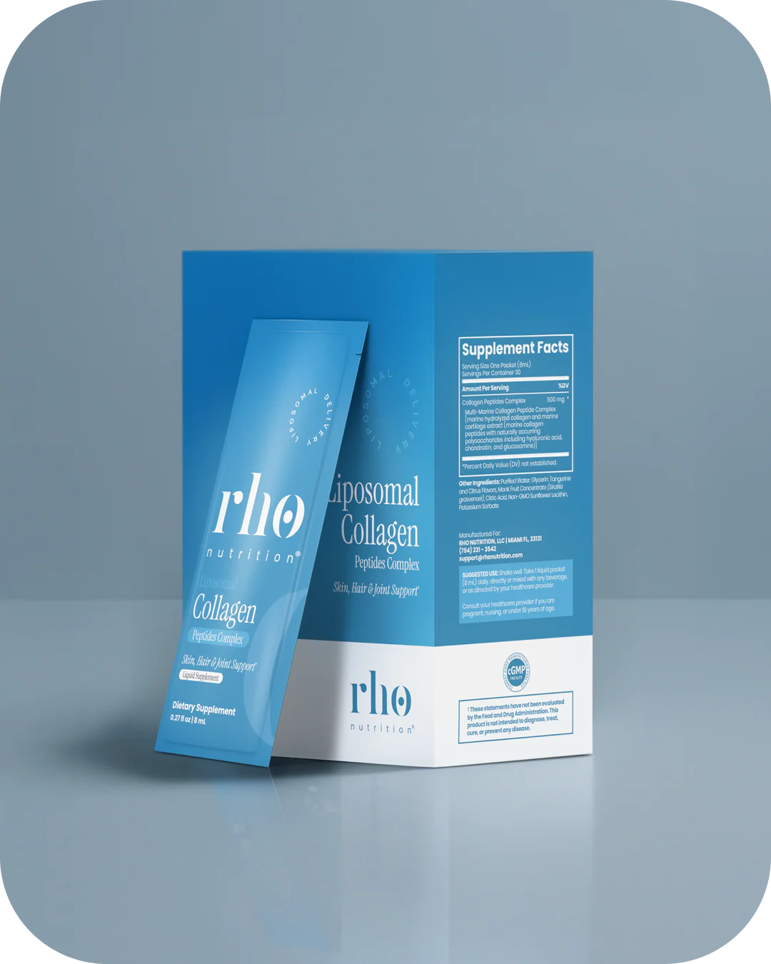 Rho Nutrition Liposomal Collagen Peptides travel packs on blue display background
