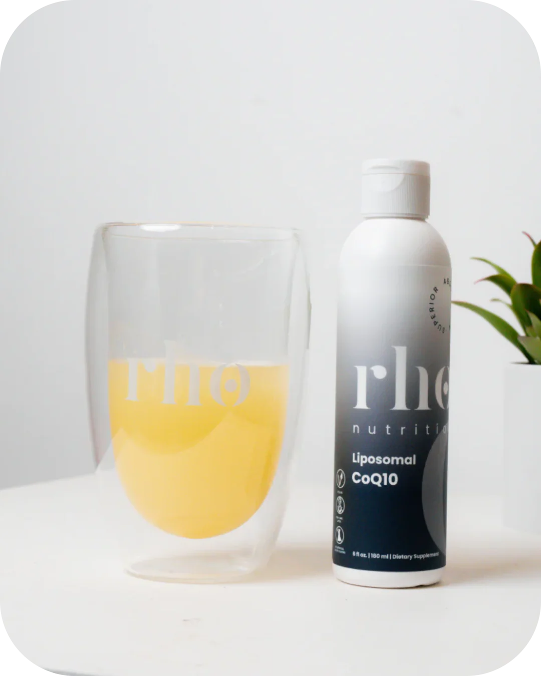 Rho Liposomal CoQ10 liquid supplement with serving glass