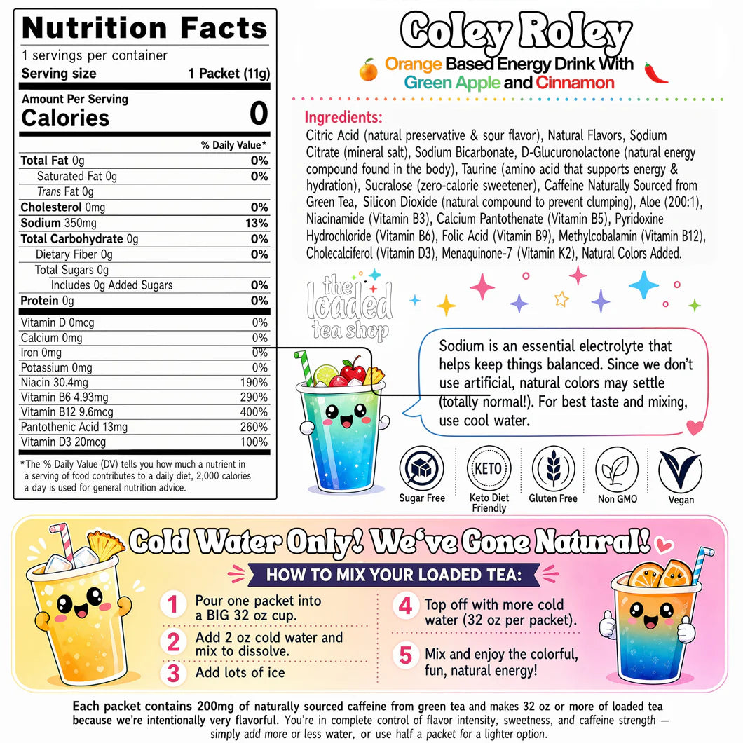 Nutrition facts label and ingredients list for a The Loaded Tea Shop Functional Energy Tea Packs (Coley Roley)