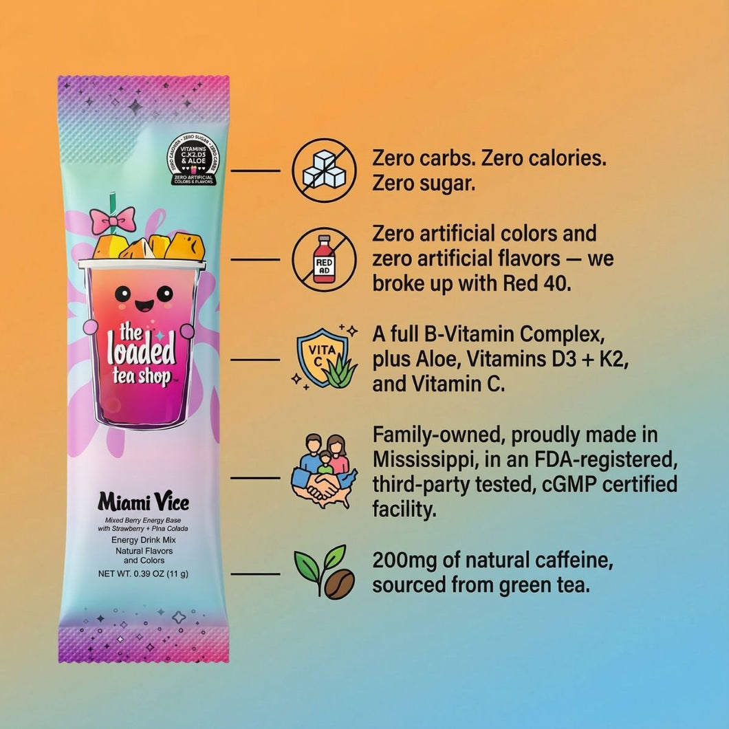 Energy drink mix package with product details 