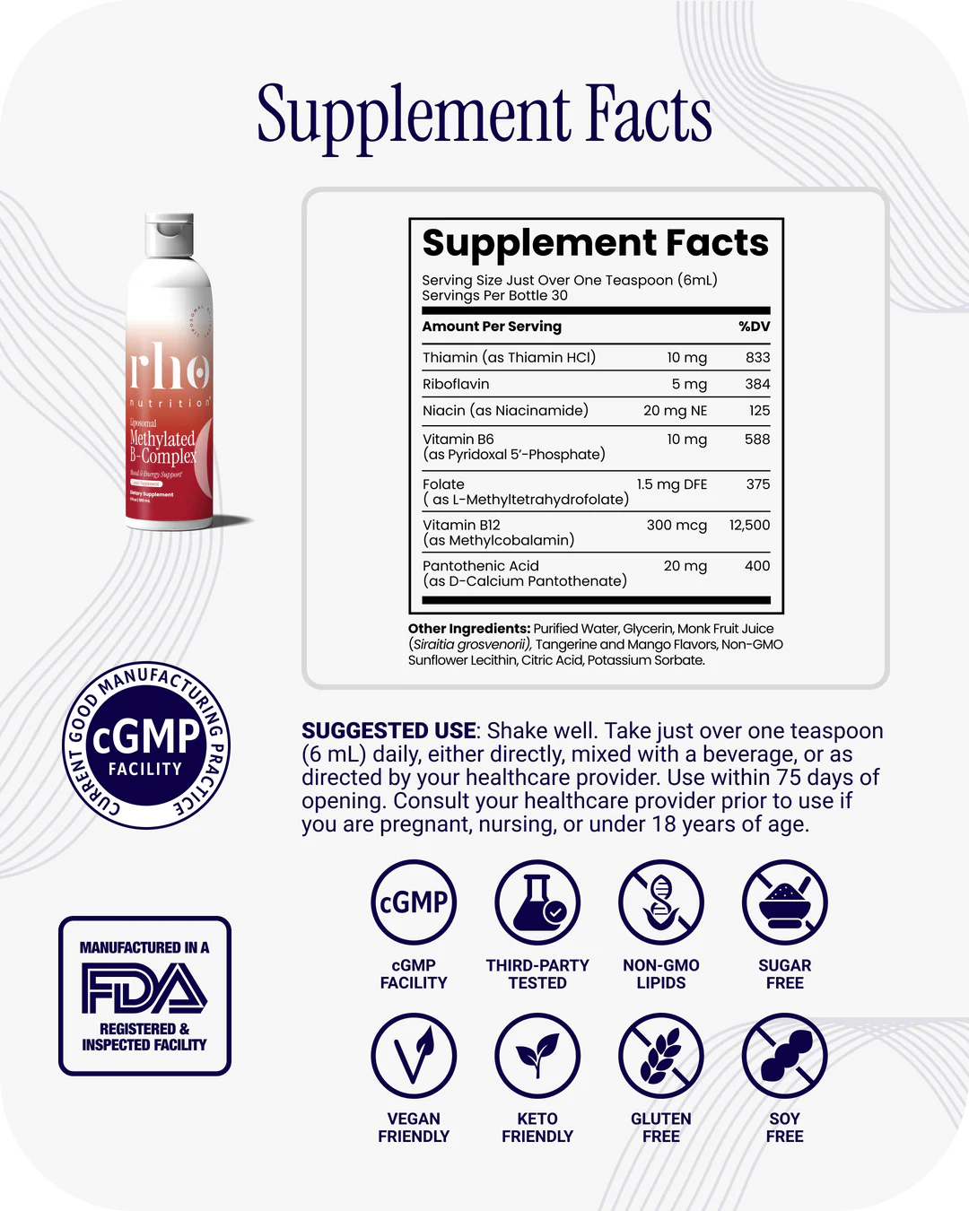 Rho Nutrition Liposomal Methylated B-Complex supplement facts