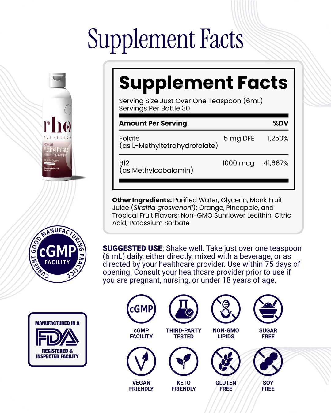 Rho Nutrition Liposomal Methylfolate 5-MTHF + B12 Complex supplement facts