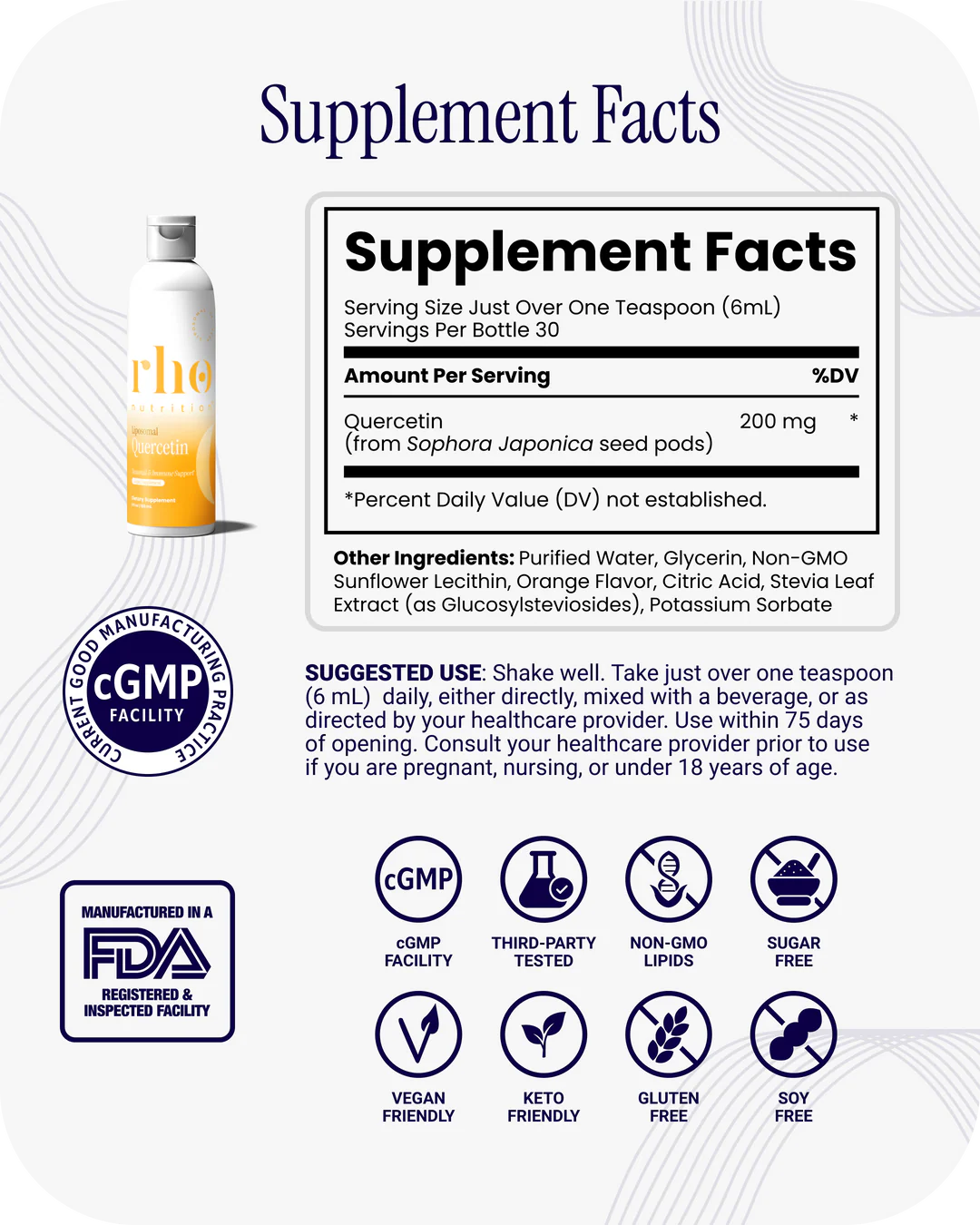 Rho Nutrition Liposomal Quercetin supplement facts and quality certifications