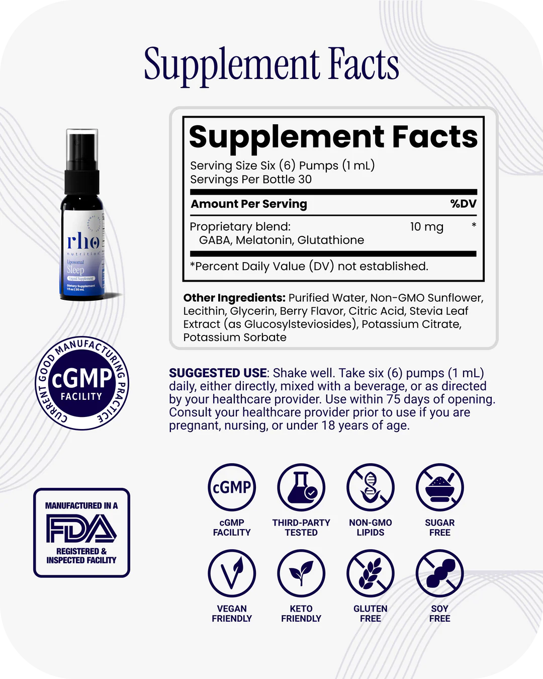 Rho Nutrition Liposomal Sleep Formula supplement facts
