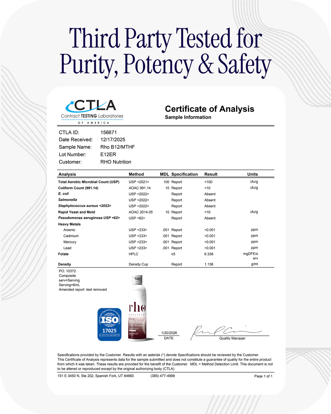 Rho Liposomal Methylfolate 5-MTHF + B12 Complex third-party tested for purity, potency, and safety