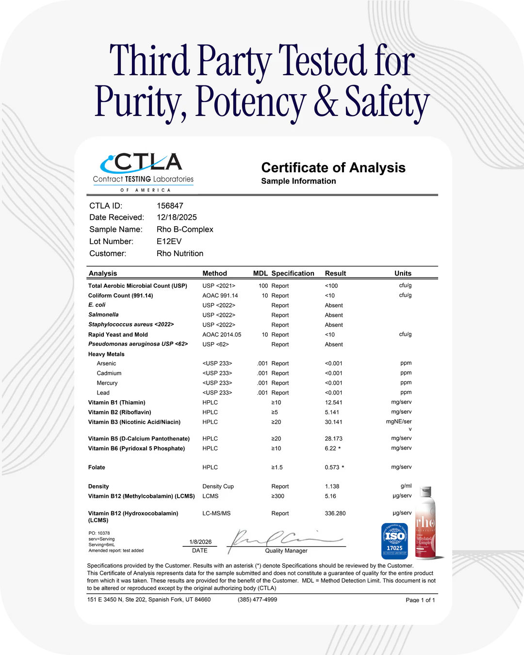 Rho Liposomal Methylated B-Complex third-party tested for purity, potency, and safety