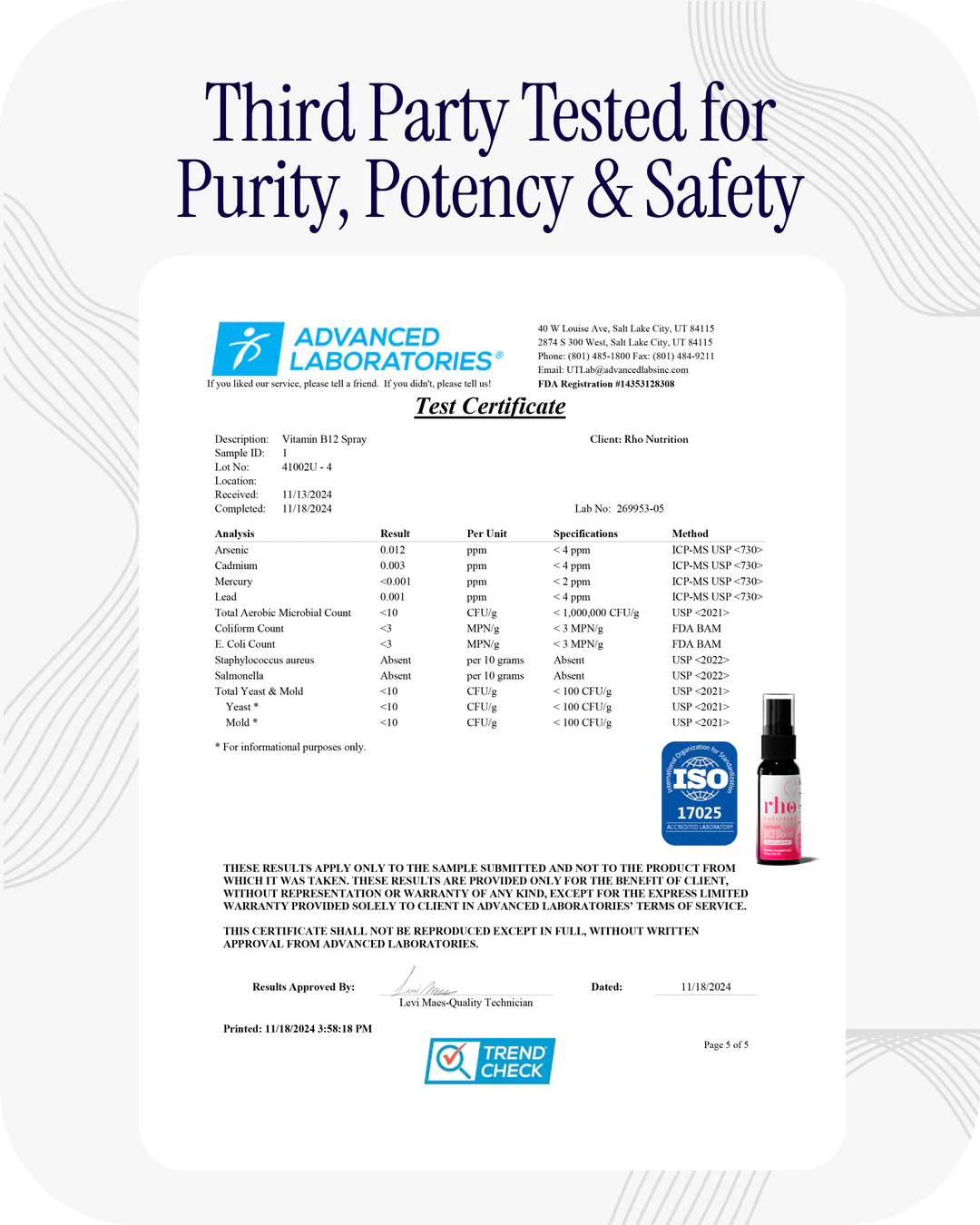 Third-party tested certificate for Rho Nutrition Liposomal Methyl B12 purity and safety