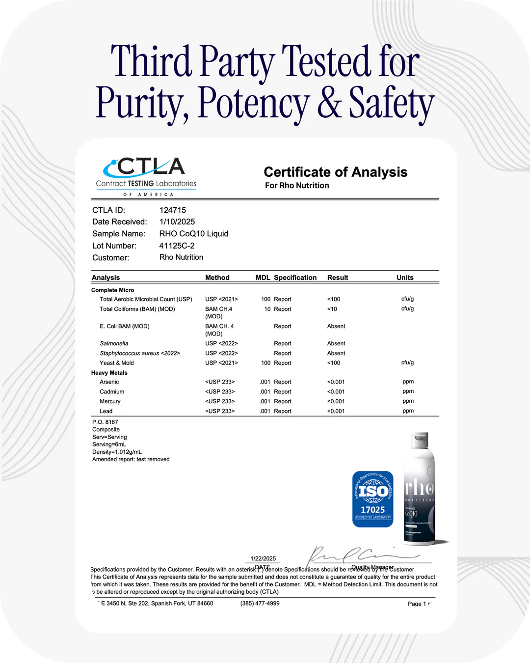 Rho Liposomal CoQ10 third-party tested for purity, potency, and safety