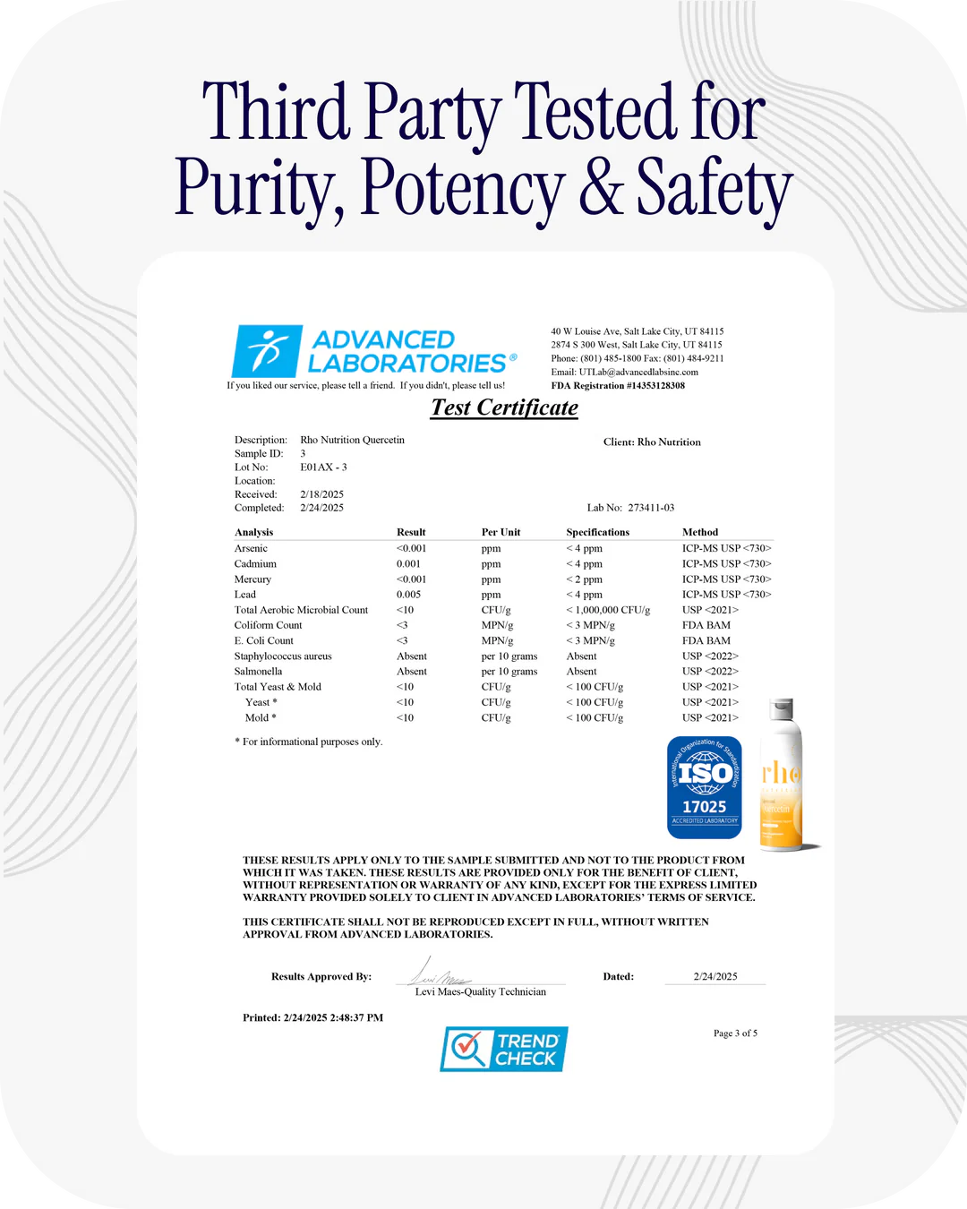 Third-party tested certificate for Rho Nutrition Liposomal Quercetin purity and safety