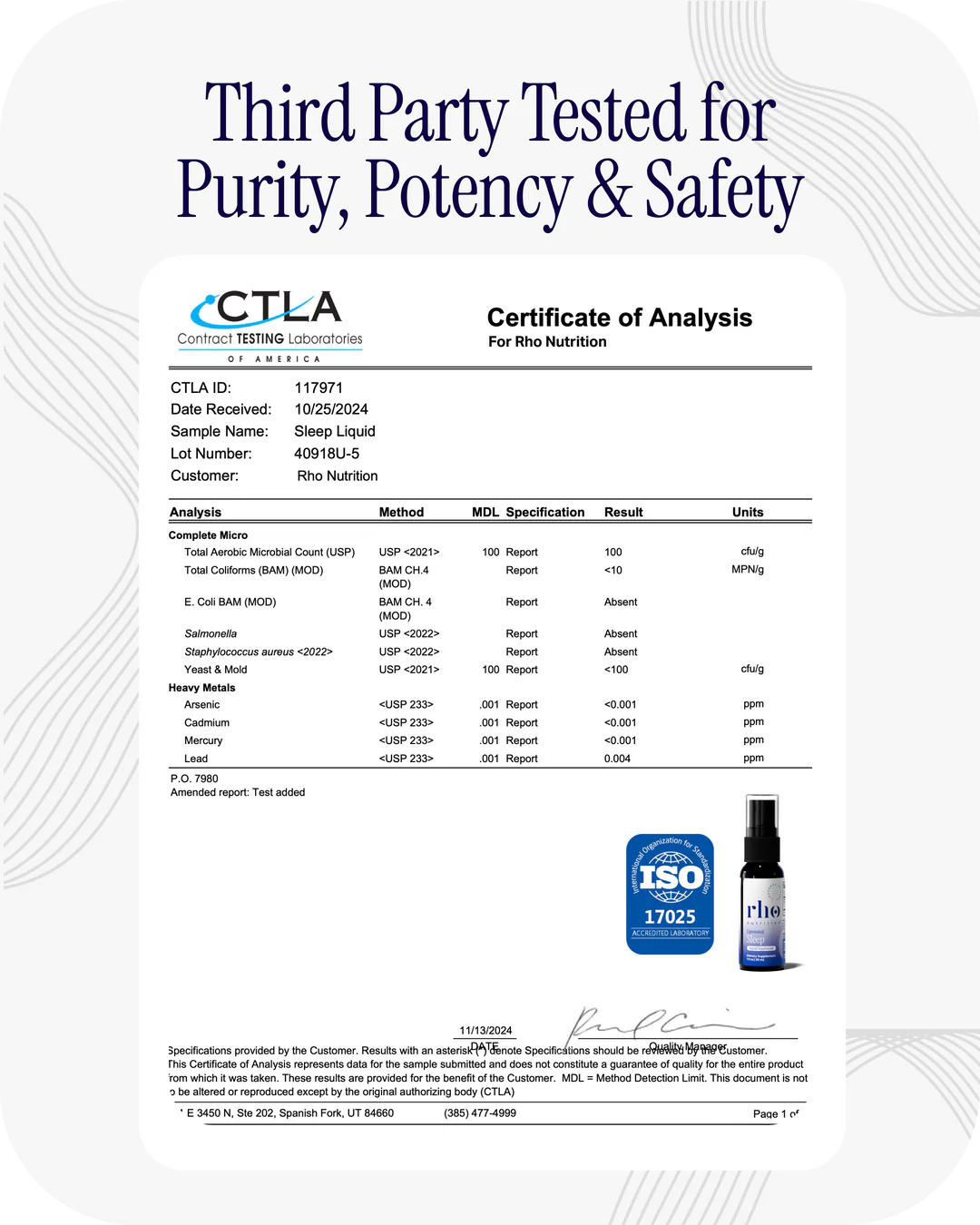 Third-party tested certificate for Rho Nutrition Liposomal Sleep Formula purity and safety