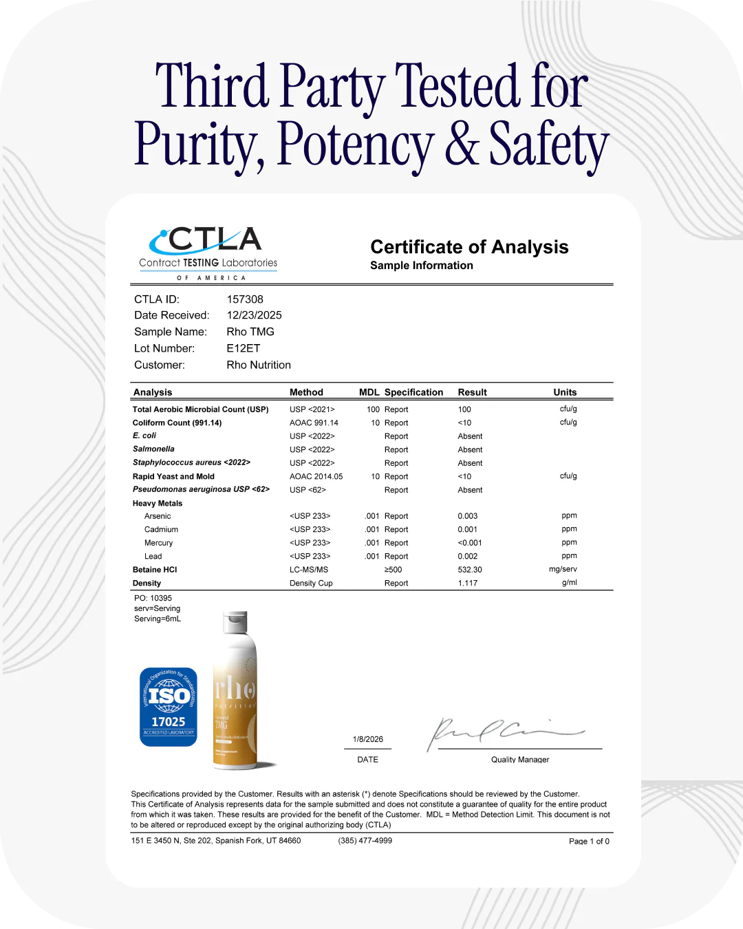 Rho Nutrition Liposomal TMG third-party tested for purity, potency, and safety