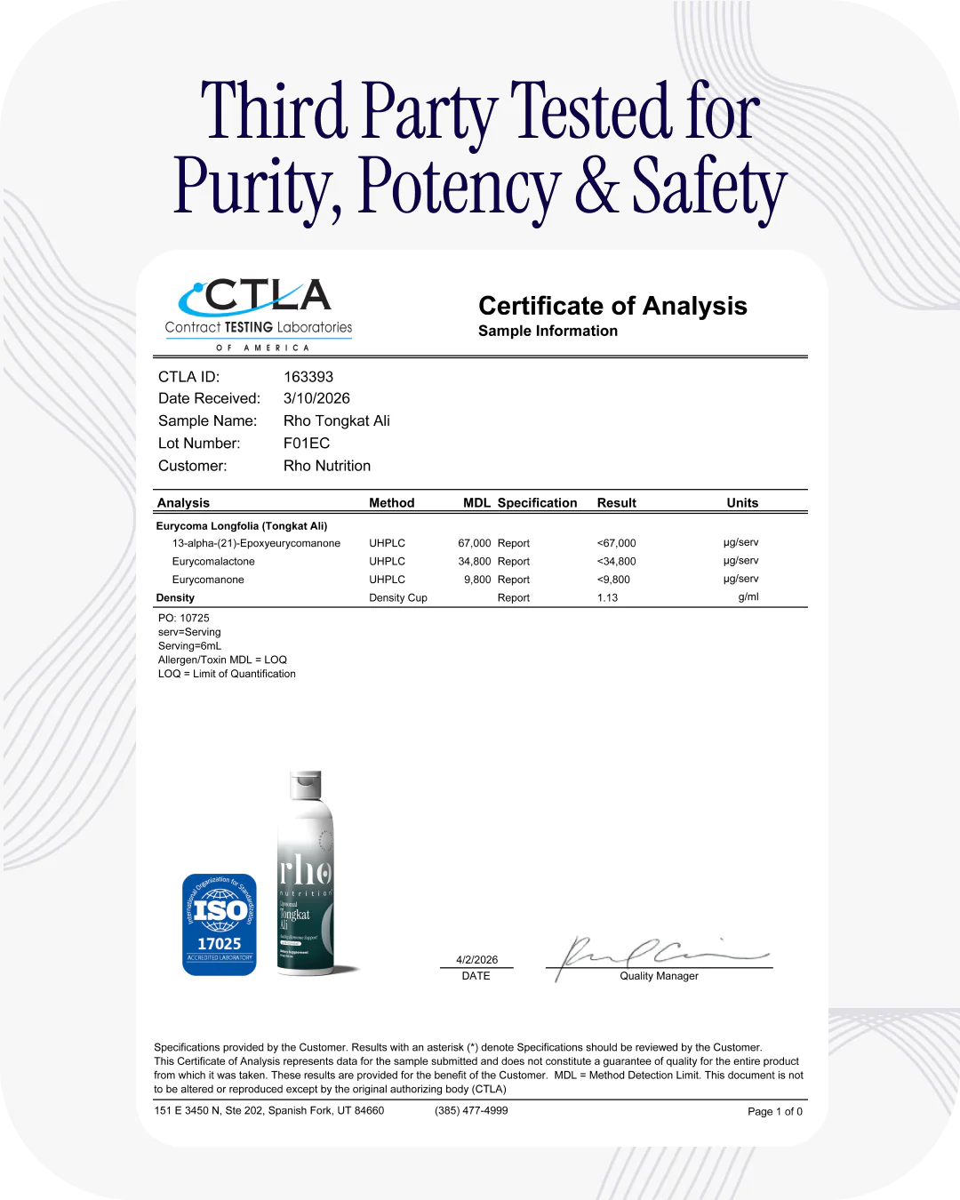 Rho Nutrition Liposomal Tongkat Ali third-party tested for purity, potency, and safety