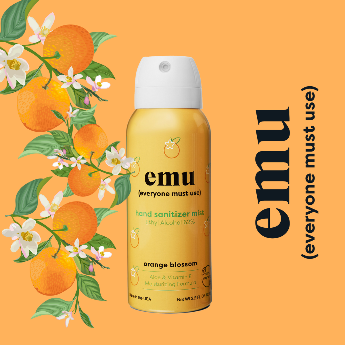 EMU hand sanitizer spray with orange fruit themed packaging design