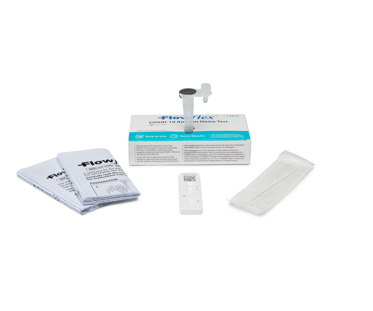 Flowflex home test kit contents including test cassette, swab, and buffer solution
