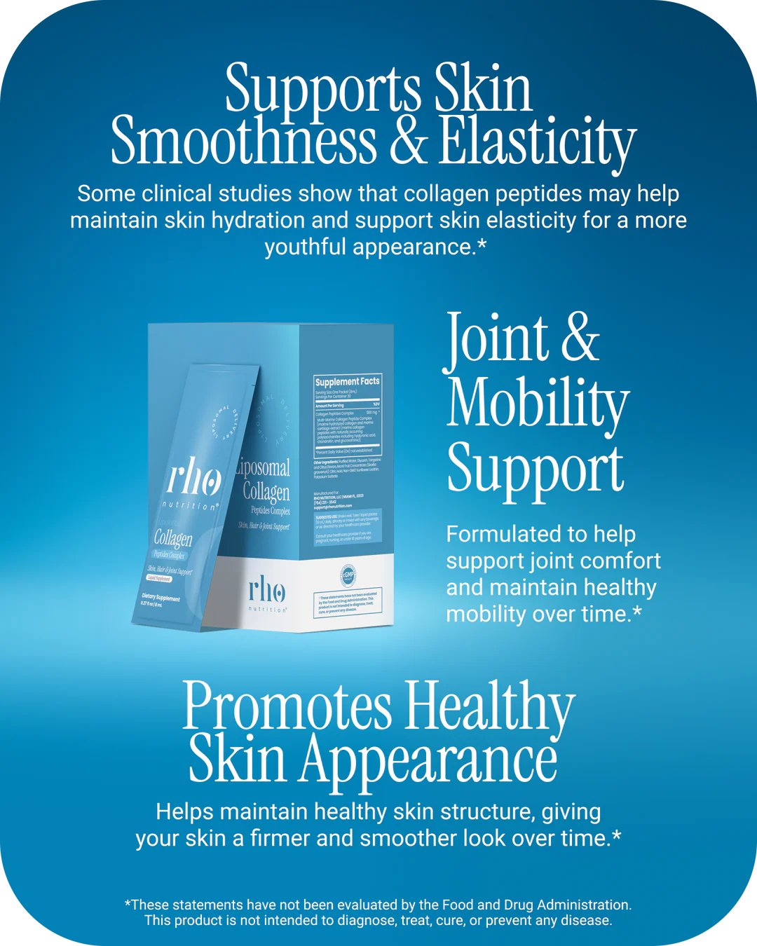 Rho Nutrition Liposomal Collagen Peptides travel packs support skin smoothness, elasticity, and joint mobility