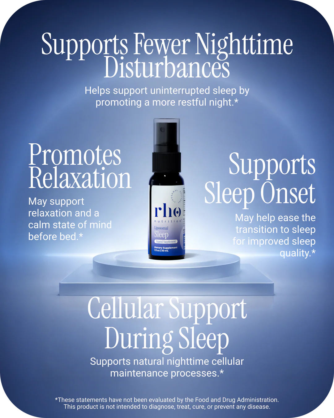 Rho Nutrition Liposomal Sleep Formula supports relaxation, restful sleep, and overnight cellular support