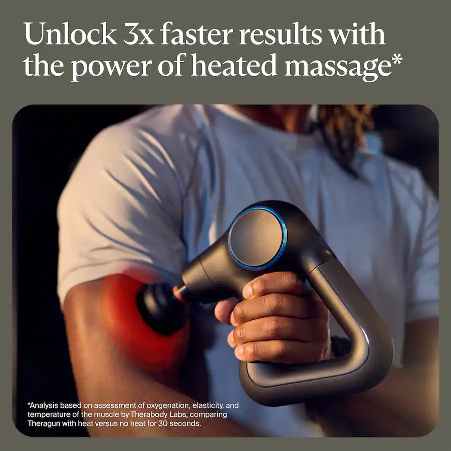Person using Therabody Theragun Prime Plus heated massage gun on arm muscles