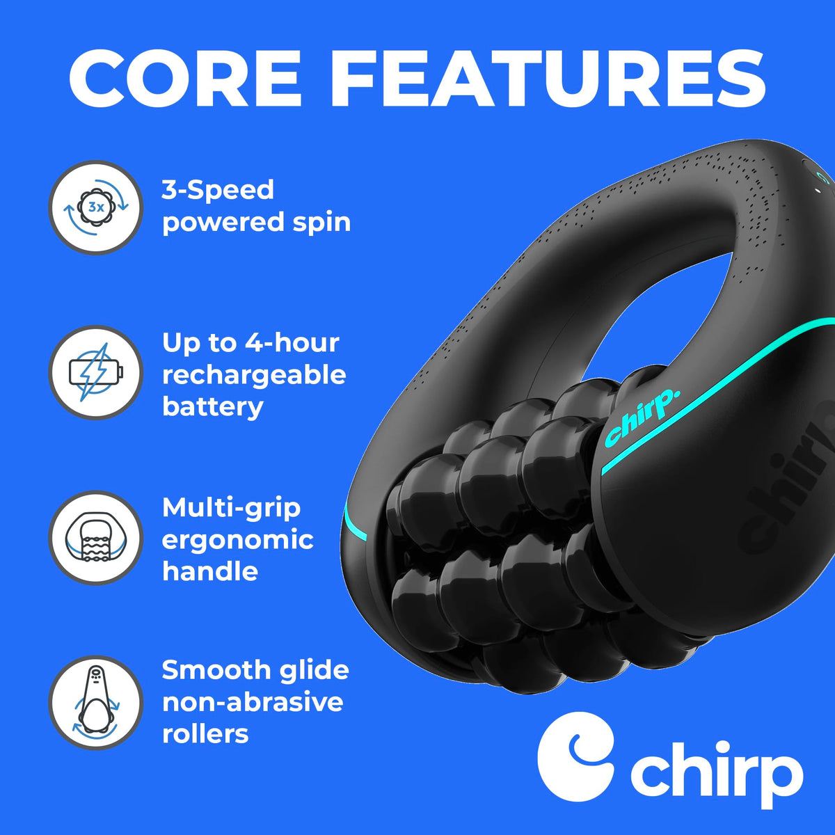 Chirp RPM Mini with 3-speed powered spin, rechargeable battery, ergonomic handle, and smooth rolling massage