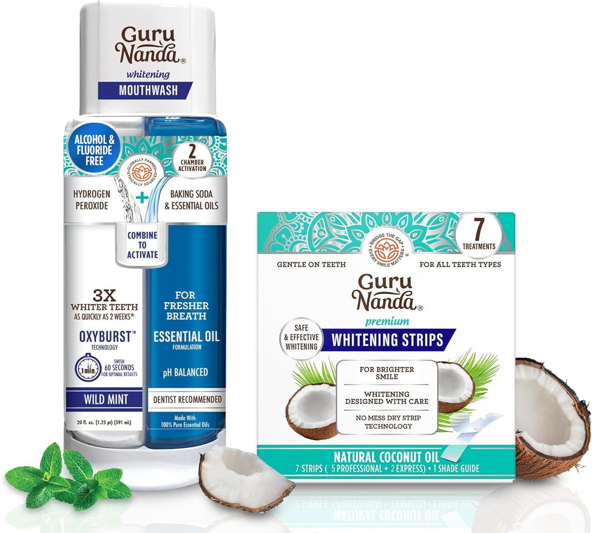 GuruNanda Whitening Wonder Bundle, Dual Barrel Oxyburst Whitening Mouthwash, 20 oz & Teeth Whitening Strips (7-Day Treatment)
