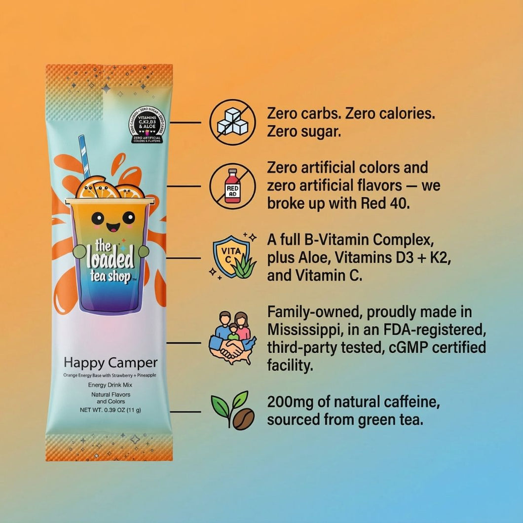 The Loaded Tea Shop Functional Energy Tea Packs Happy Camper drink mix with zero sugar and zero calories