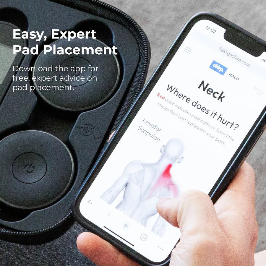 Phone with app displaying pad placement on neck