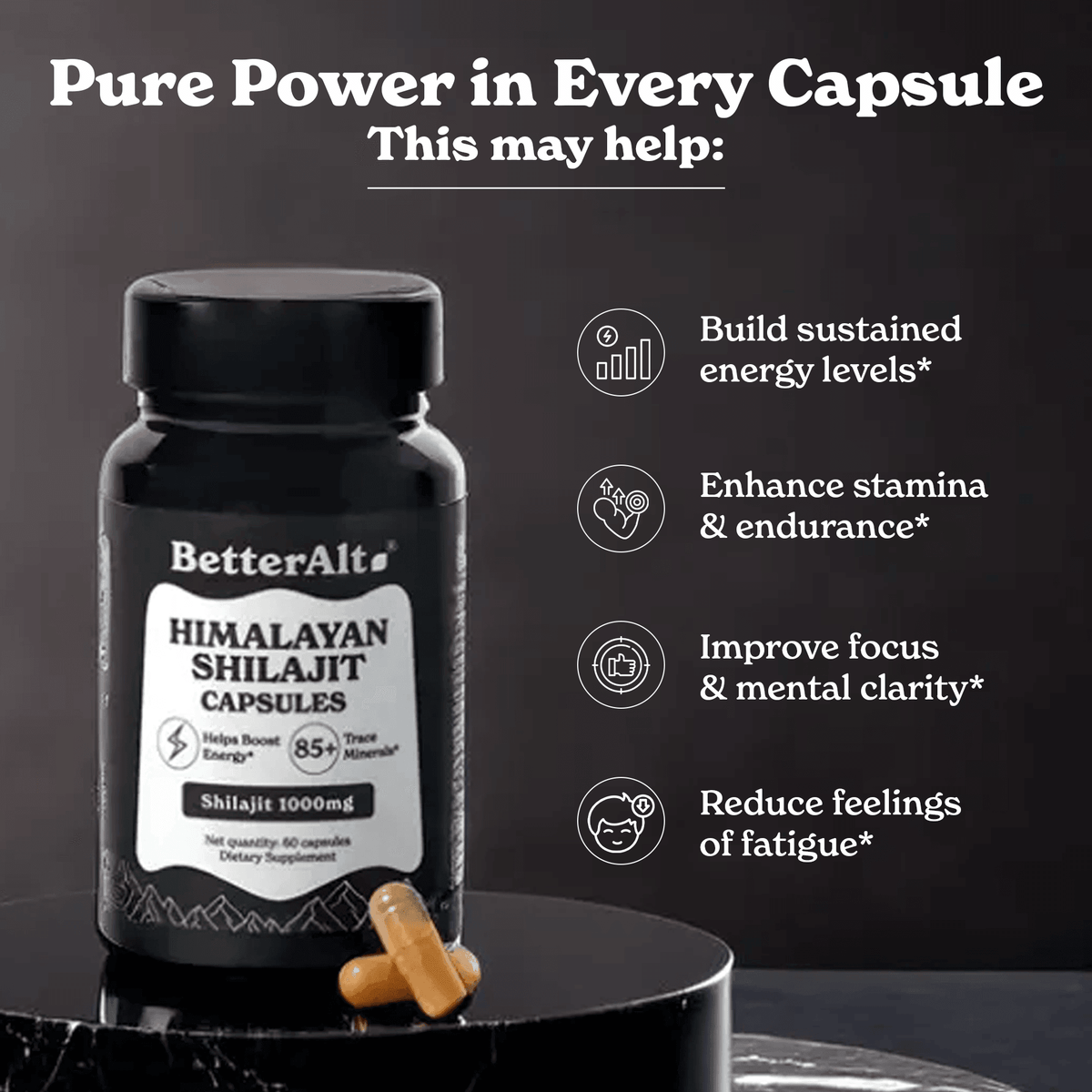 BetterAlt Pure Himalayan Shilajit Capsules for Energy & Stamina (1000mg)