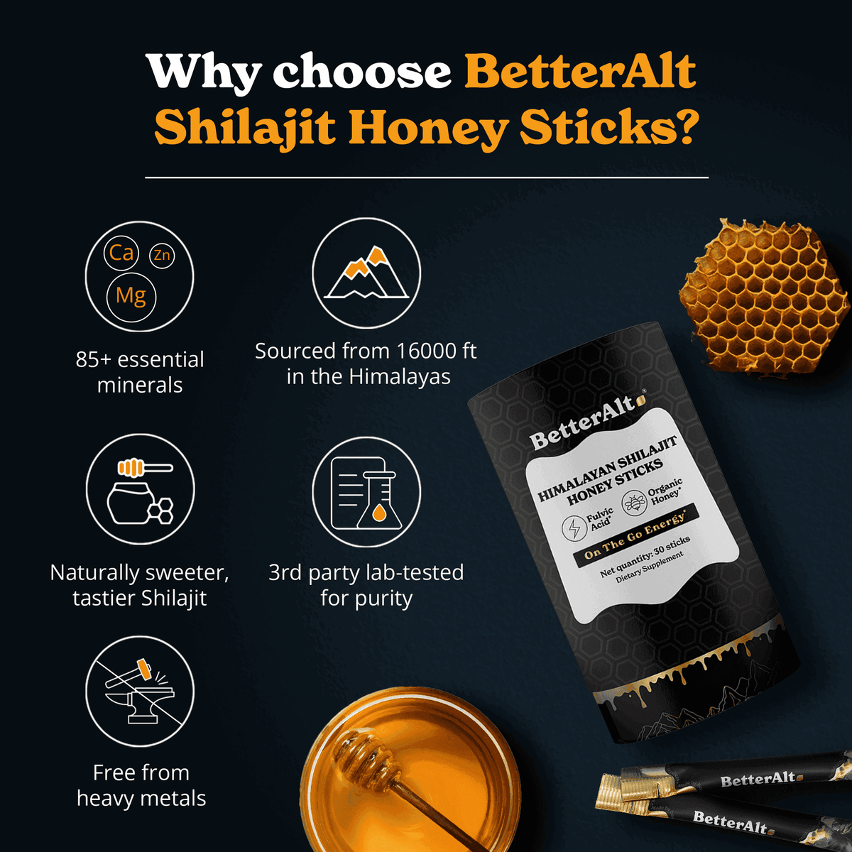 BetterAlt GOLD+ Pure Himalayan Shilajit Honey Sticks (Classic)