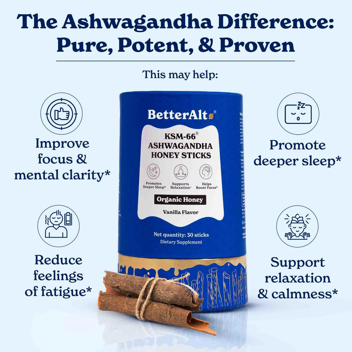 BetterAlt KSM-66 Ashwagandha Honey Sticks for Relaxation & Focus (Vanilla)