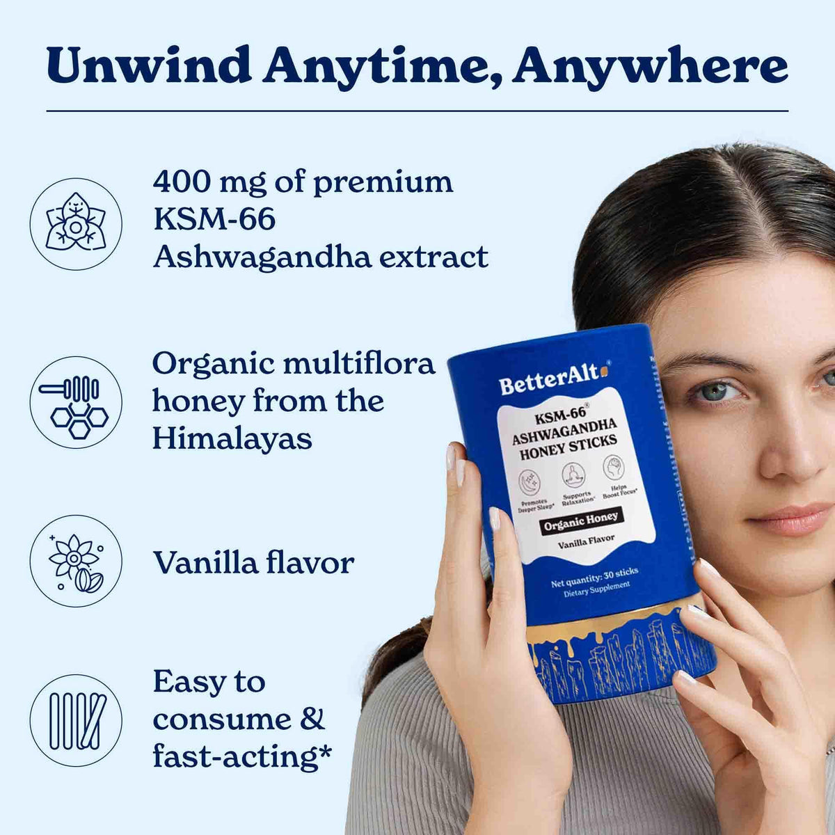 BetterAlt KSM-66 Ashwagandha Honey Sticks for Relaxation & Focus (Vanilla)