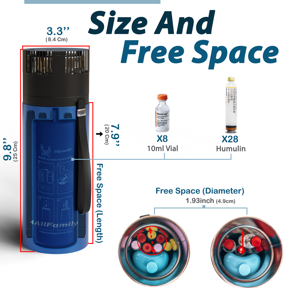 Compact 4ALLFAMILY insulin cooler dimensions and internal storage space illustration