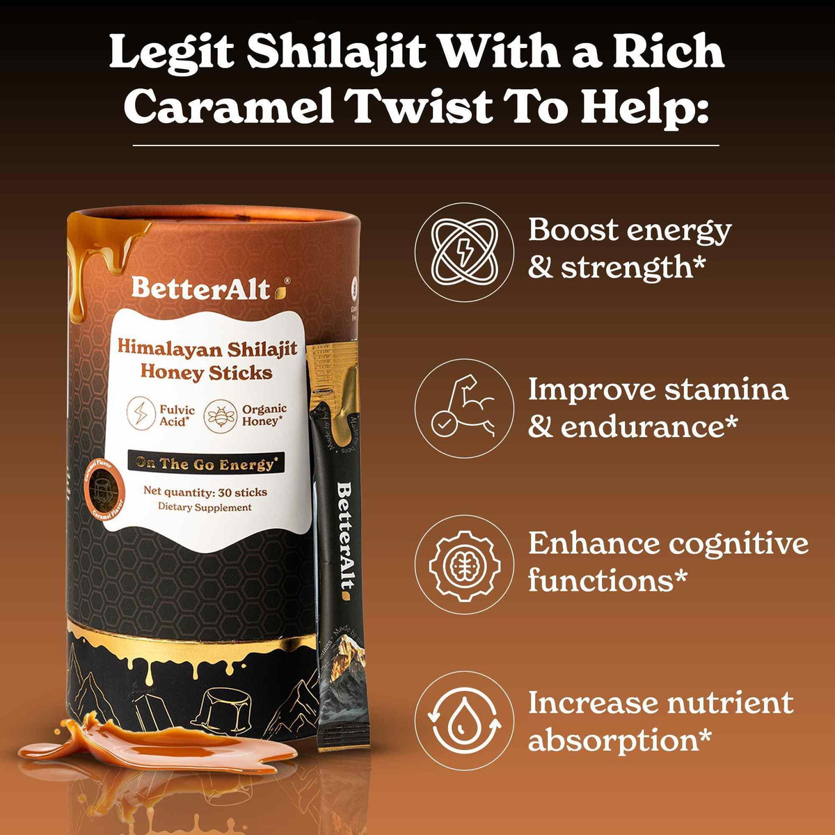 BetterAlt GOLD+ Pure Himalayan Shilajit Honey Sticks (Caramel)