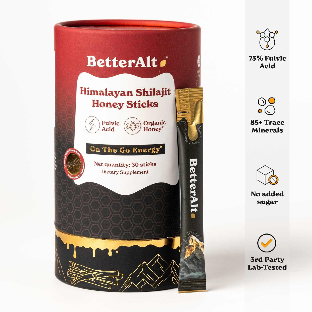 BetterAlt GOLD+ Pure Himalayan Shilajit Honey Sticks (Cinnamon)