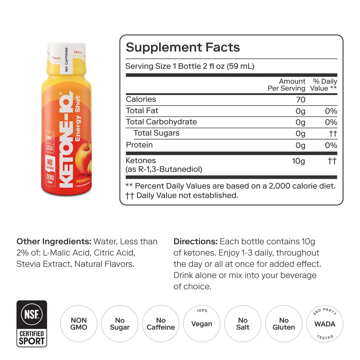 Ketone-IQ No Caffeine High Performance Energy Shot (Peach)