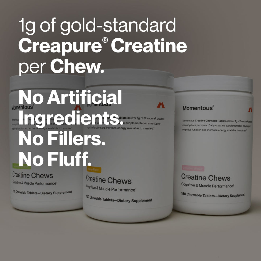 Momentous Creatine Chews strawberry flavored creatine supplement for muscle and cognitive performance