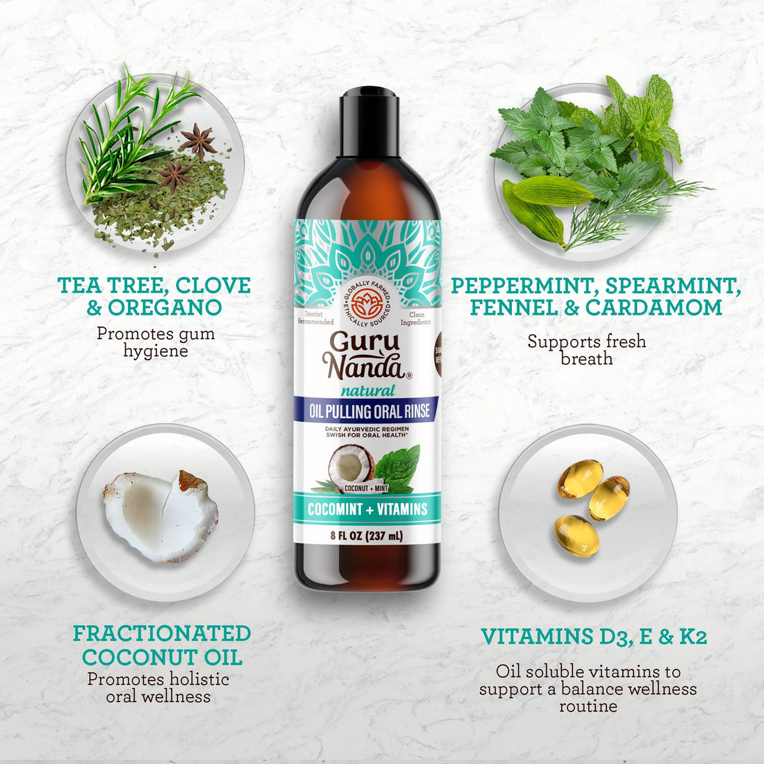 GuruNanda Coconut + Mint Pulling Oil w/Essential Oils & Vitamins, 8 oz