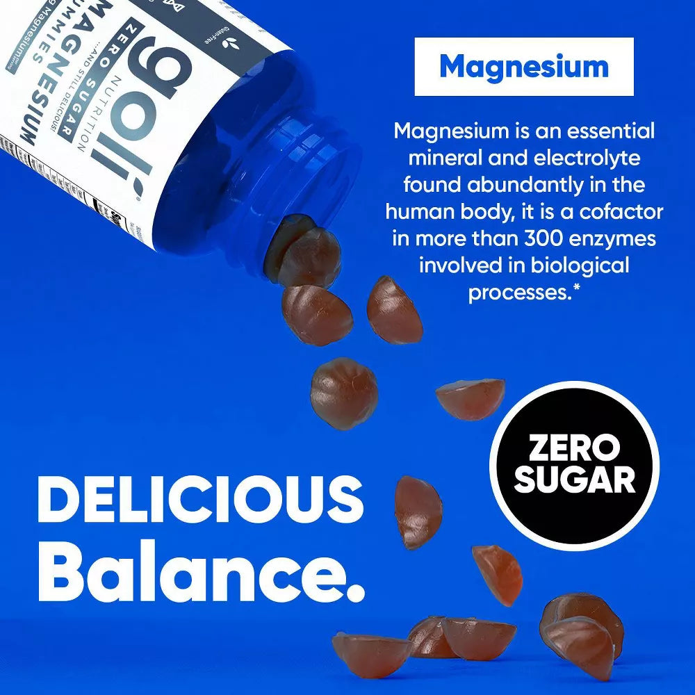 Goli Magnesium Gummies bottle with magnesium gummy supplements pouring out