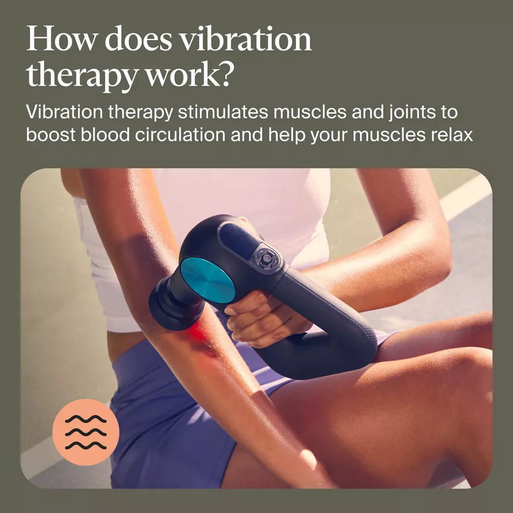 Theragun vibration therapy attachment demonstrating how vibration therapy improves circulation and muscle comfort