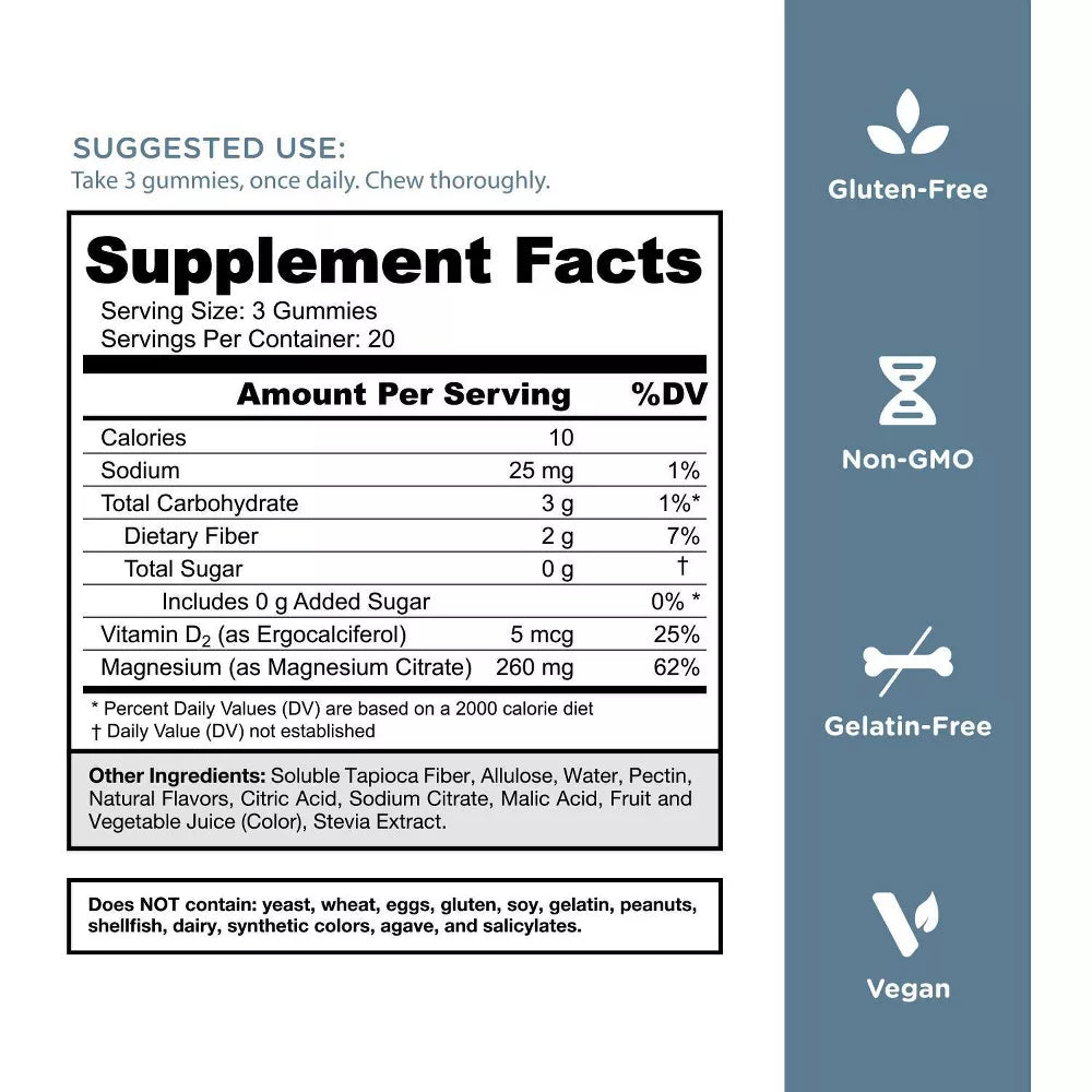 Goli Magnesium Gummies supplement facts with zero sugar and vegan benefits