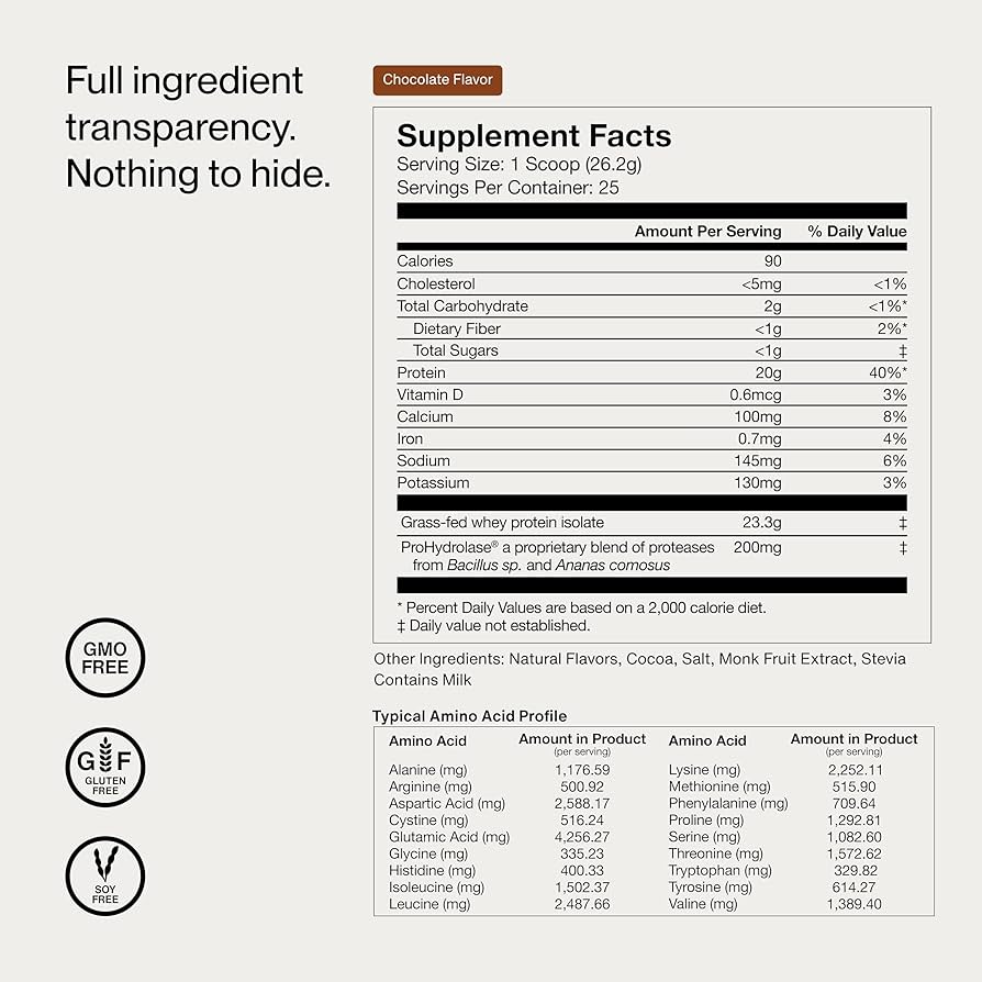 Supplement label with ingredient list and nutritional facts for a chocolate-flavored product.