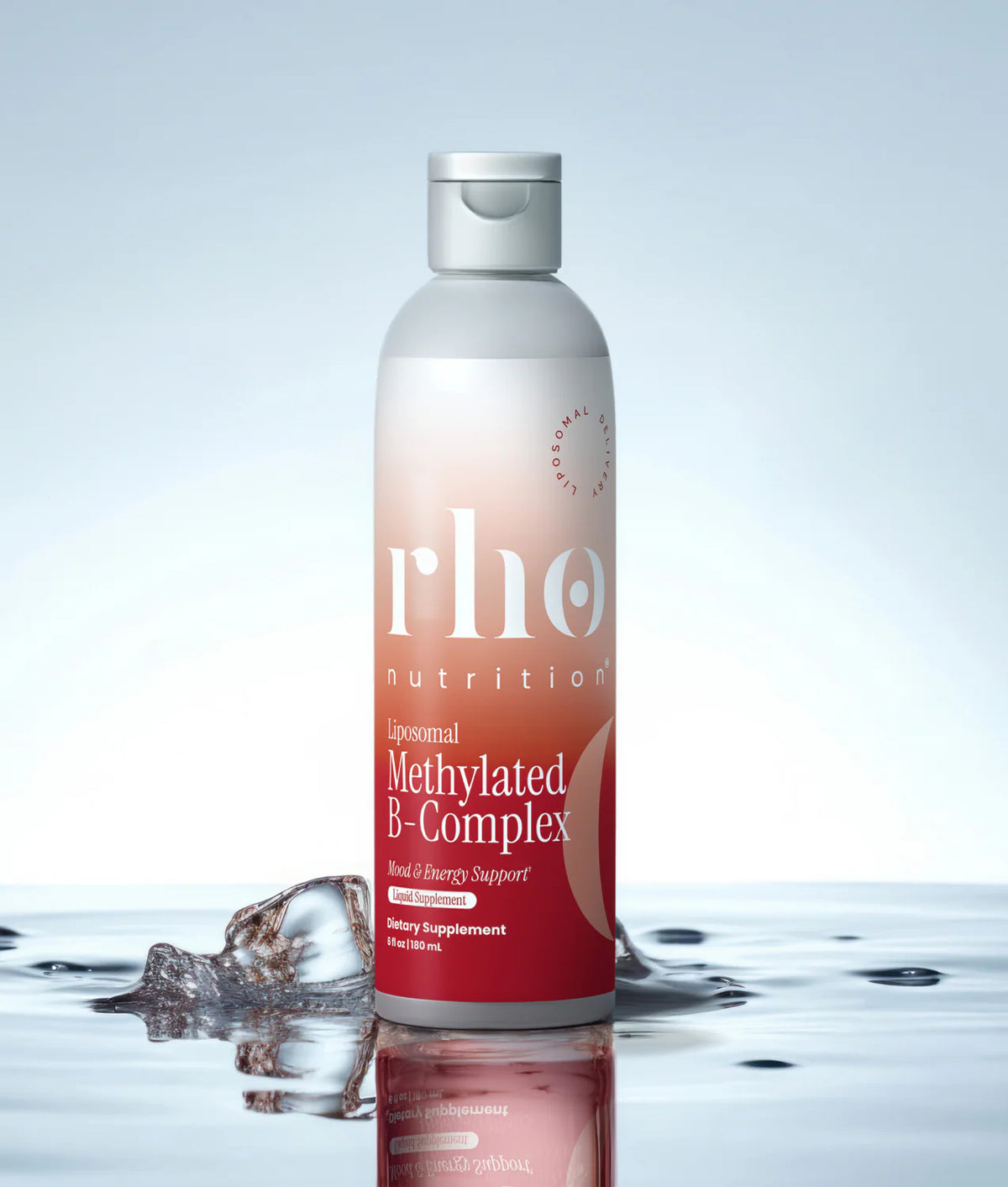 Rho Nutrition Liposomal Methylated B-Complex bottle on a wellness-inspired background