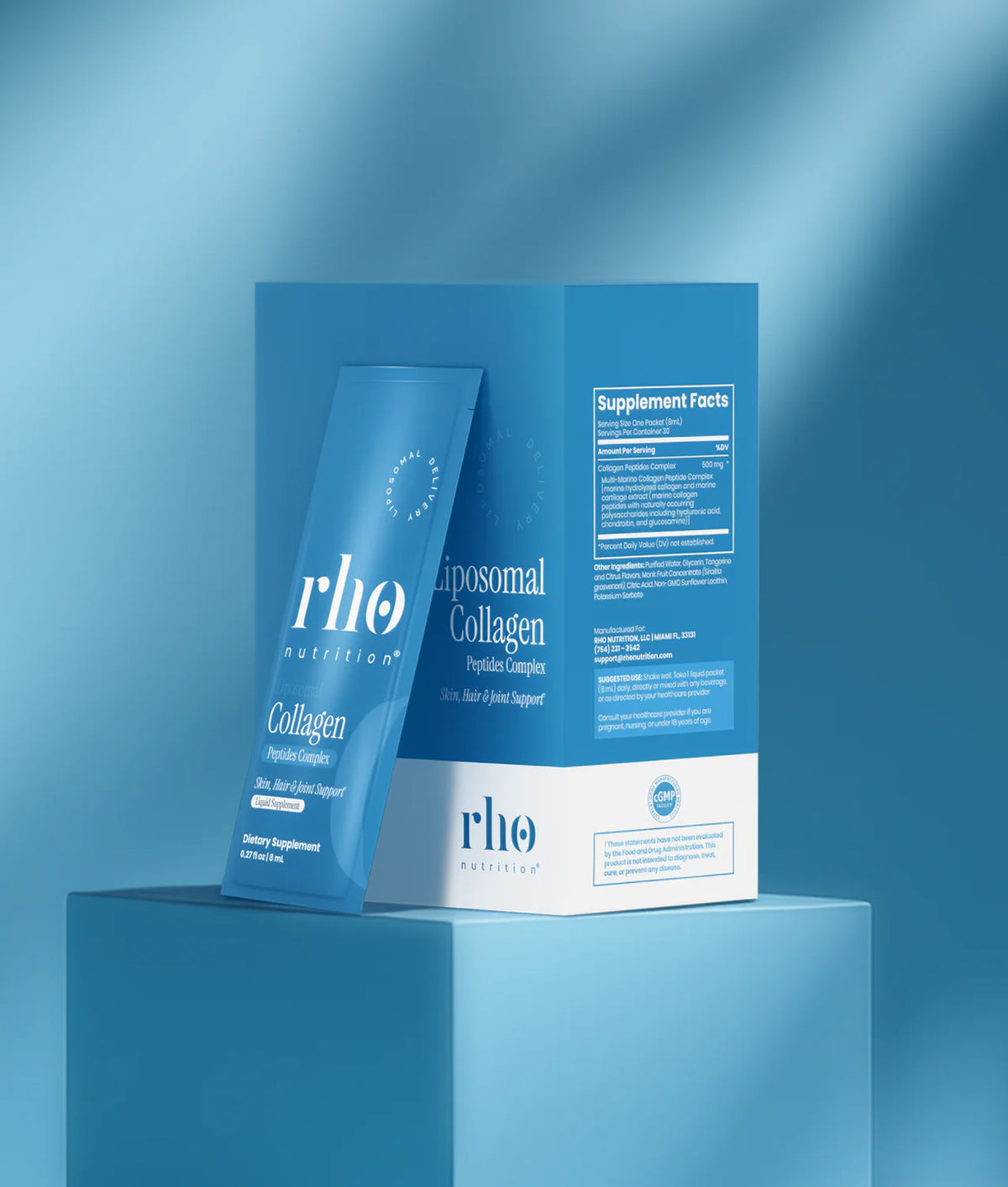 Rho Nutrition Liposomal Collagen Peptides travel packs box with single-serving sachet